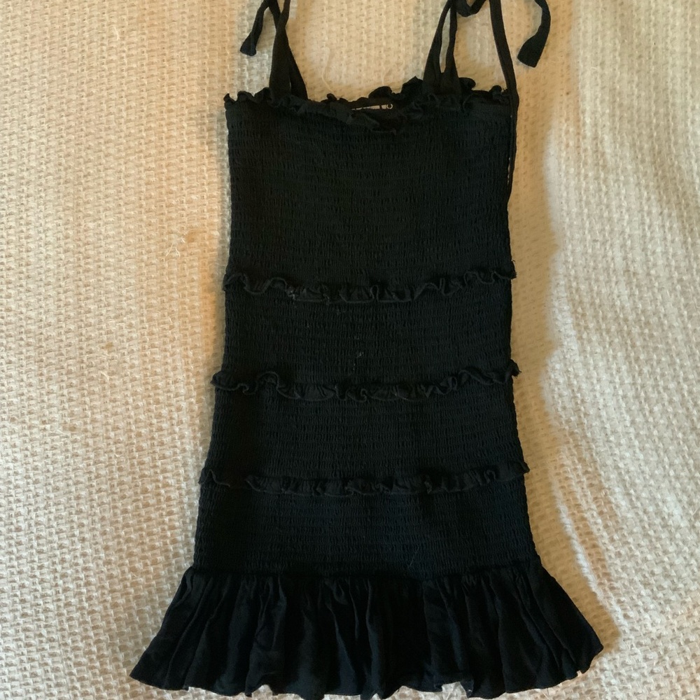KatieJnyc Black Smocked Ruffle Summer Scrunch Dress Tie Strap Mini Dress Girls M
